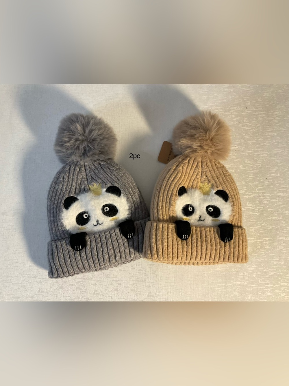 Kids Pom-Pom Panda Beanie Hat - Gray & Tan - Cute Winter Knit (2pc)